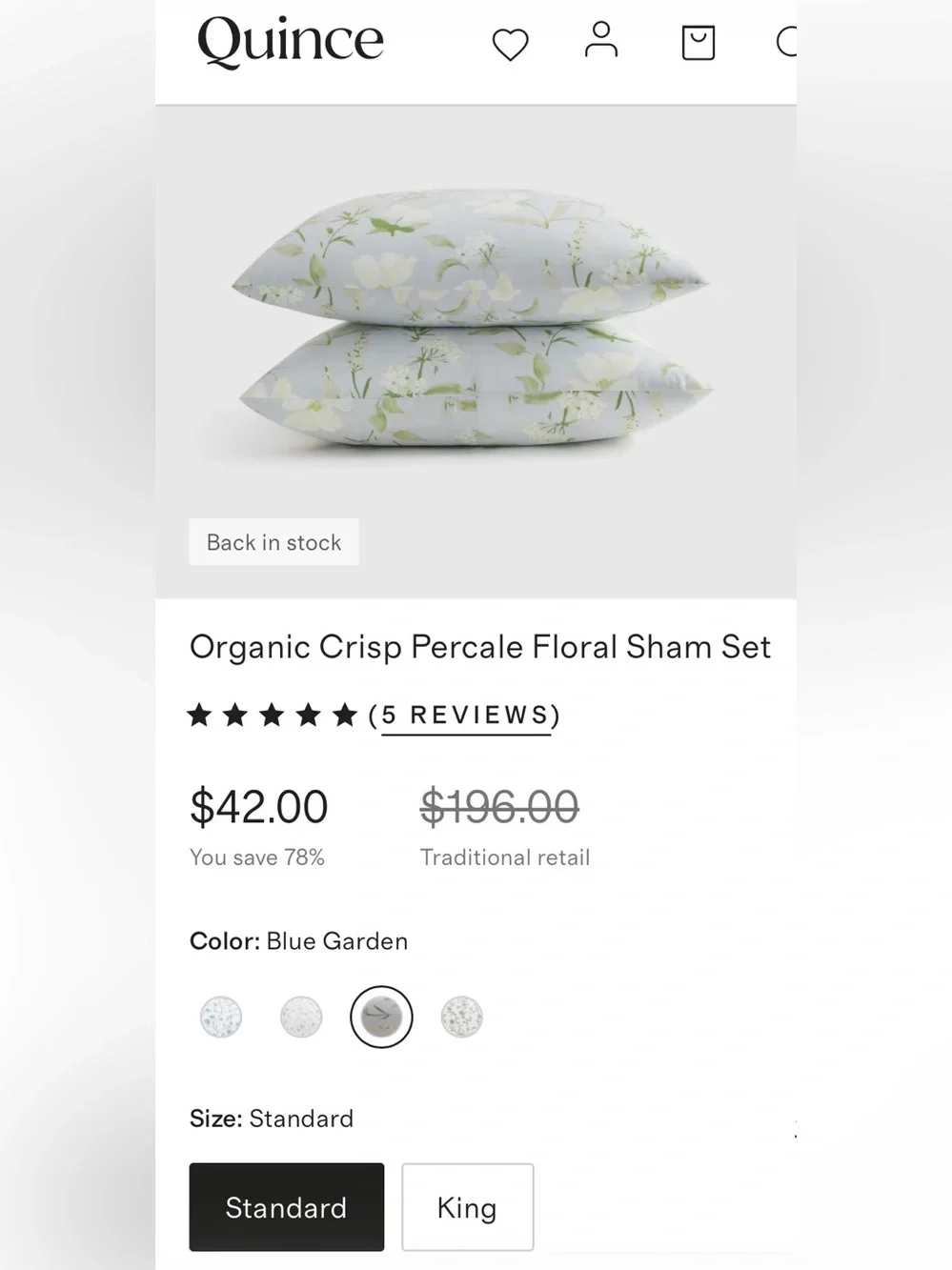 NWOT Quince Organic Crisp Percale Floral Sham Set, Standard (Blue Garden)
